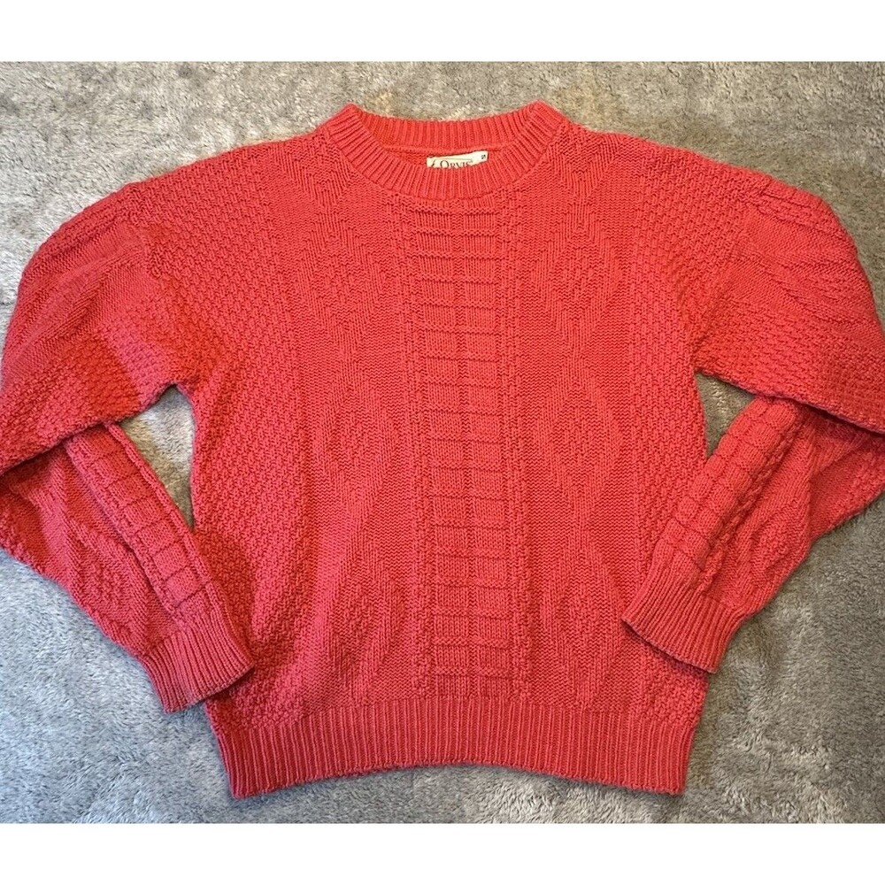 Orvis Vintage Womens Coral Cable Knit Crewneck Sweater Sz S Grannycore Preppy